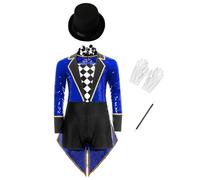 Riismen Costume Ringmaster Bambina Vestito Da Domatore Circo Uniforme Da Guardia Con Paillettes Body Da Banda Majorette Costume Carnevale Halloween Festa A Tema Blu reale 9-10 anni