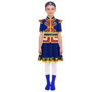 Riismen Costumi Da Danza Mongola Per Bambini Set Di Pezzi Abito Cinese Tradizionale Con Ricami Copricapo Con Perline Cintura E Copriscarpe Per Spettacoli Blu 8-9 anni