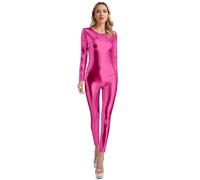 Riismen Donna Metallic Body da Ginnastica Manica Lunga Tuta Intera Aderente Stretch Tuta Wetlook Body Rave Party Danza Unitard Jumpsuit Costume Carnevale Rosa acceso XL