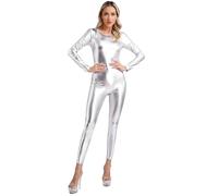 Riismen Donna Metallic Body da Ginnastica Manica Lunga Tuta Intera Aderente Stretch Tuta Wetlook Body Rave Party Danza Unitard Jumpsuit Costume Carnevale Argento L
