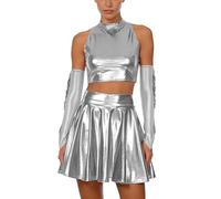 Riismen Donna Roba Robot E Lucente Costume Alien Giubba Lavori In Bianco E Guanti Con Gonfiature Uso Feste Carnevale E Concerti Roba Alien Con Bandeau Argento M