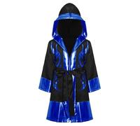Riismen Kickboxer Robe Mantello Con Cappuccio In Raso Da Uomo Cappotto Boxer A Maniche Lunghe Capo Patchwork Metallico Con Cintura Per Anni Nero Blu 9-10 anni