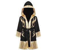 Riismen Kickboxer Robe Mantello Con Cappuccio In Raso Da Uomo Cappotto Boxer A Maniche Lunghe Capo Patchwork Metallico Con Cintura Per Anni Oro nero 11-12 anni