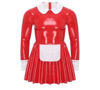 Riismen Uomo Costume Da Cameriera Metallizzato Vestito Da Sissy Costume Domestica Lingerie Babydoll Abiti In Pelle Pelle Lucida Cosplay Giochi Di Ruolo Festa Rosso 4XL