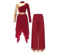Riismen Vestiti per Danza di Lode per La Celebrazione dello Spirito delle Donna Tuniche A Maniche Lunghe Asimmetriche E Pantaloni Ampi Borgogna XL