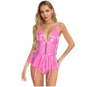 Riismen Women Abito in Pelle Pu Scollatura A V con Slip E Reggicalze Integrati Chiusura Frontale Miniabito Catsuit in Latex Abbigliamento per San Valentino Clubwear Rosa L