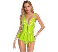 Riismen Women Abito in Pelle Pu Scollatura A V con Slip E Reggicalze Integrati Chiusura Frontale Miniabito Catsuit in Latex Abbigliamento per San Valentino Clubwear Verde Fluorescente S