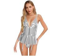 Riismen Women Abito in Pelle Pu Scollatura A V con Slip E Reggicalze Integrati Chiusura Frontale Miniabito Catsuit in Latex Abbigliamento per San Valentino Clubwear Argento XXL