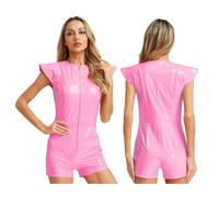 Riismen Women Lacca Pelle Body Wetlook Bodysuit Senza Maniche Jumpsuit Leotard Con Cerniera Nightclub Clubwear Rosa 3XL
