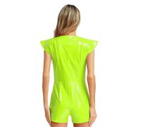 Riismen Women Lacca Pelle Body Wetlook Bodysuit Senza Maniche Jumpsuit Leotard Con Cerniera Nightclub Clubwear Verde fluorescente 3XL