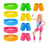 Riisoyu 15 Pezzi Anni 80 Neon Sweatband Set, Polsini Tennis Fasce per il Sudore Assorbente Polsino Sportivo Color Neon Retro Party Accessori Fascia per Capelli Per Donna Uomo