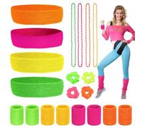 Riisoyu 20 Pezzi Anni 80 Neon Sweatband Set Polsini Tennis Fasce per il Sudore Assorbente Polsino Sportivo Color Neon Retro Party Accessori Fascia per Capelli Per Donna Uomo