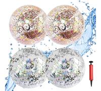 Riisoyu 4 palline gonfiabili trasparenti da spiaggia, gonfiabili, con glitter, colorate, per piscina, feste, giochi acquatici