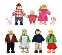 Riisoyu 9 Pezzi Famiglia Di Bambole Di Legno, Casa Delle Bambole In Finta Accessori Di Legno Piccole Con Cane Miniature Pupazzi Flessibili