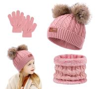Riisoyu Cappello a Maglia Bambini Invernale Sciarpa Guanti, 3 in 1 Inverno Berretto Scaldacollo Guanti Set Berretto Sciarpa Beanie Cappello Scaldacollo per Ragazzi o Ragazze 2-8 Anni, Rosa