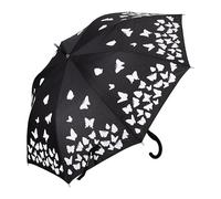 Riki Browns Ombrello Automatico Lungo con Fantasia Idroreattiva Farfalle - Si Colora con la Pioggia - Tessuto 100% Pongee, Manico Curvo Antiscivolo - Nero