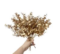 Rikyo 4 mazzi di eucalipto artificiale dorato, 35,6 cm, cespuglio tropicale per abbellire fiori per le vacanze, per interni ed esterni, per feste di fiori, ghirlande di fiori, sfondo per matrimoni ad