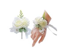 Rikyo Set di 2 bouquet da polso con fiori da polso, 7,6 cm, rosa artificiale e garofano, fiori di seta fatti a mano, per matrimoni, accessori per abiti da ballo (bianco)