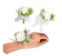 Rikyo Set di braccialetti da polso con rose e fiore all'occhiello da uomo, corpetto per balli, fiori da sposa, cerimonie nuziali, feste, balli di fine anno, ghirlanda per capelli fatta a mano con