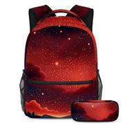 Rimani aggiornato sul tuo gioco con questo set zaino e astuccio, perfetto per studenti, cielo stellato rosso, Multicolore, B：29.4x20x40cm P：19x7.5x3.8cm, Zaini Daypack