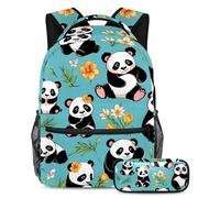 Rimani al passo con il gioco di moda con l'elegante set di 2 zaini da scuola, simpatico panda su blu, Multicolore, B：29.4x20x40cm P：19x7.5x3.8cm, Zaini Daypack