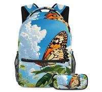 Rimani al passo con la tendenza con il nostro set di zaino e astuccio, perfetto per ragazzi, ragazze e adolescenti, graziosa farfalla, Multicolore, B：29.4x20x40cm P：19x7.5x3.8cm, Zaini Daypack