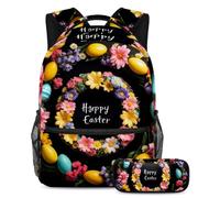 Rimani alla moda con il nostro zaino e astuccio da 2 pezzi, il set di zaini per la scuola per ragazzi, ragazze, adolescenti, ghirlanda di Pasqua nera felice, Multicolore, B:29.4x20x40cm\