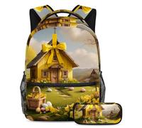Rimani alla moda con questo set di 2 zaini, zaino e astuccio per studenti, casa con croce pasquale gialla, Multicolore, B：29.4x20x40cm P：19x7.5x3.8cm, Zaini Daypack