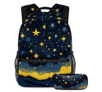 Rimani alla moda con questo set zaino e astuccio, ideale per la scuola per studenti, cielo stellato giallo, Multicolore, B：29.4x20x40cm P：19x7.5x3.8cm, Zaini Daypack