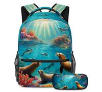 Rimani alla moda e organizzato con il nostro set zaino e astuccio per ragazzi, ragazze e adolescenti, perfetto per la scuola e oltre, simpatico leone marino, Multicolore, B：29.4x20x40cm\