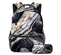 Rimani alla moda e organizzato con il nostro set zaino e astuccio per ragazzi, ragazze e adolescenti, perfetto per la scuola e oltre, texture marmo nero, Multicolore, B:29.4x20x40cm P:19x7.5x3.8cm,