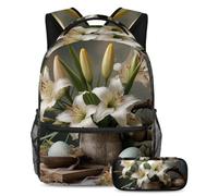 Rimani alla moda e organizzato con il nostro set zaino e astuccio per ragazzi, ragazze e adolescenti, perfetto per la scuola e oltre, uova bianche di Pasqua gigli, Multicolore, B：29.4x20x40cm\