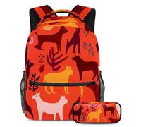 Rimani alla moda e organizzato con il nostro set zaino e astuccio per ragazzi, ragazze e adolescenti, perfetto per la scuola e oltre, silhouette di animale rosso, Multicolore, B：29.4x20x40cm\