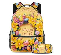 Rimani alla moda e preparati con questo zaino e astuccio duo, ideale per studenti, ghirlanda gialla di buona Pasqua, Multicolore, B:29.4x20x40cm P:19x7.5x3.8cm, Zaini Daypack