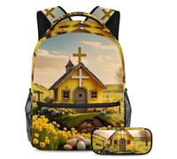 Rimani in cima alla scuola con il nostro pacchetto zaino e astuccio, progettato per ragazzi, ragazze e adolescenti, casa gialla con croce pasquale, Multicolore, B：29.4x20x40cm P：19x7.5x3.8cm, Zaini