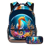 Rimani organizzato a scuola con il nostro set zaino e astuccio, perfetto per ragazzi, ragazze e adolescenti, sfera di cristallo cavalluccio marino, Multicolore#06, B：29.4x20x40cm P：19x7.5x3.8cm,