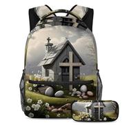 Rimani organizzato con la nostra borsa per libri di grande capacità e astuccio combinato, grigio casa croce pasquale, Multicolore, B：29.4x20x40cm P：19x7.5x3.8cm, Zaini Daypack