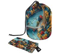 Rimani organizzato con la nostra grande borsa per il trucco a barile, adatta ai viaggi e impermeabile, paesaggio urbano, Multicolore, 9.9x6.9in/25.2x17.6cm;6x3.5in/15.2x8.8cm