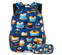 Rimani organizzato con questo zaino e astuccio combinato, ideale per ragazzi, ragazze e adolescenti, motivo dessert blu, Multicolore, B:29.4x20x40cm P:19x7.5x3.8cm, Zaini Daypack