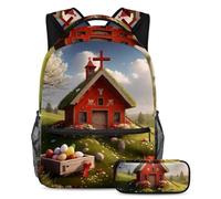 Rimani organizzato con stile, zaino con astuccio, perfetto set di zaini per la scuola per ragazzi ragazze adolescenti, casa rossa con croce pasquale, Multicolore, B：29.4x20x40cm P：19x7.5x3.8cm, Zaini