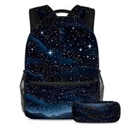 Rimani organizzato e alla moda con questo set di 2 zaini, zaino e astuccio per ragazzi, ragazze e adolescenti, cielo stellato nero, Multicolore, B：29.4x20x40cm P：19x7.5x3.8cm, Zaini Daypack