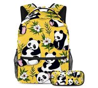Rimani organizzato e pronto ad imparare con il set di 2 zaini per bambini, zaino e astuccio per ragazzi, ragazze e adolescenti, simpatico panda su giallo, Multicolore, B:29.4x20x40cm P:19x7.5x3.8cm,