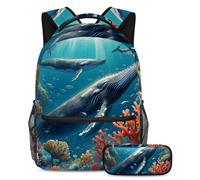 Rimani organizzato e pronto ad imparare con il set di 2 zaini per bambini, zaino e astuccio per ragazzi, ragazze e adolescenti, balena carina, Multicolore, B:29.4x20x40cm P:19x7.5x3.8cm, Zaini