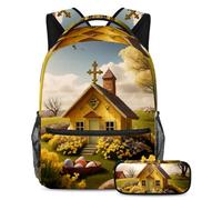 Rimani organizzato e pronto ad imparare con il set di 2 zaini per bambini, zaino e astuccio per ragazzi, ragazze e adolescenti, casa con croce pasquale gialla, Multicolore, B：29.4x20x40cm\
