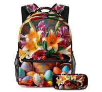 Rimani organizzato, resta fresco, set di 2 zaini per la scuola con astuccio, un must per studenti alla moda, uova colorate di gigli pasquali, Multicolore, B：29.4x20x40cm P：19x7.5x3.8cm, Zaini Daypack