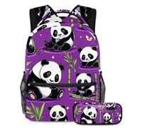Rimani organizzato, resta fresco, set di 2 zaini per la scuola con astuccio, un must per studenti alla moda, simpatico panda su viola, Multicolore, B：29.4x20x40cm P：19x7.5x3.8cm, Zaini Daypack