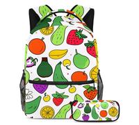 Rimani organizzato, resta fresco, set di 2 zaini per la scuola con astuccio, un must per studenti alla moda, motivo frutta colorata, Multicolore, B：29.4x20x40cm P：19x7.5x3.8cm, Zaini Daypack