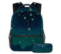 Rimani organizzato, resta fresco, set di 2 zaini per la scuola con astuccio, un must per studenti alla moda, cielo stellato verde, Multicolore, B：29.4x20x40cm P：19x7.5x3.8cm, Zaini Daypack