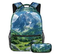 Rimani organizzato, resta fresco, set di 2 zaini per la scuola con astuccio, un must per studenti alla moda, motivo montagne, Multicolore, B：29.4x20x40cm P：19x7.5x3.8cm, Zaini Daypack