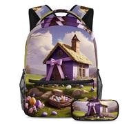 Rimani organizzato, resta fresco, set di 2 zaini per la scuola con astuccio, un must per studenti alla moda, casa con croce pasquale viola, Multicolore, B：29.4x20x40cm P：19x7.5x3.8cm, Zaini Daypack